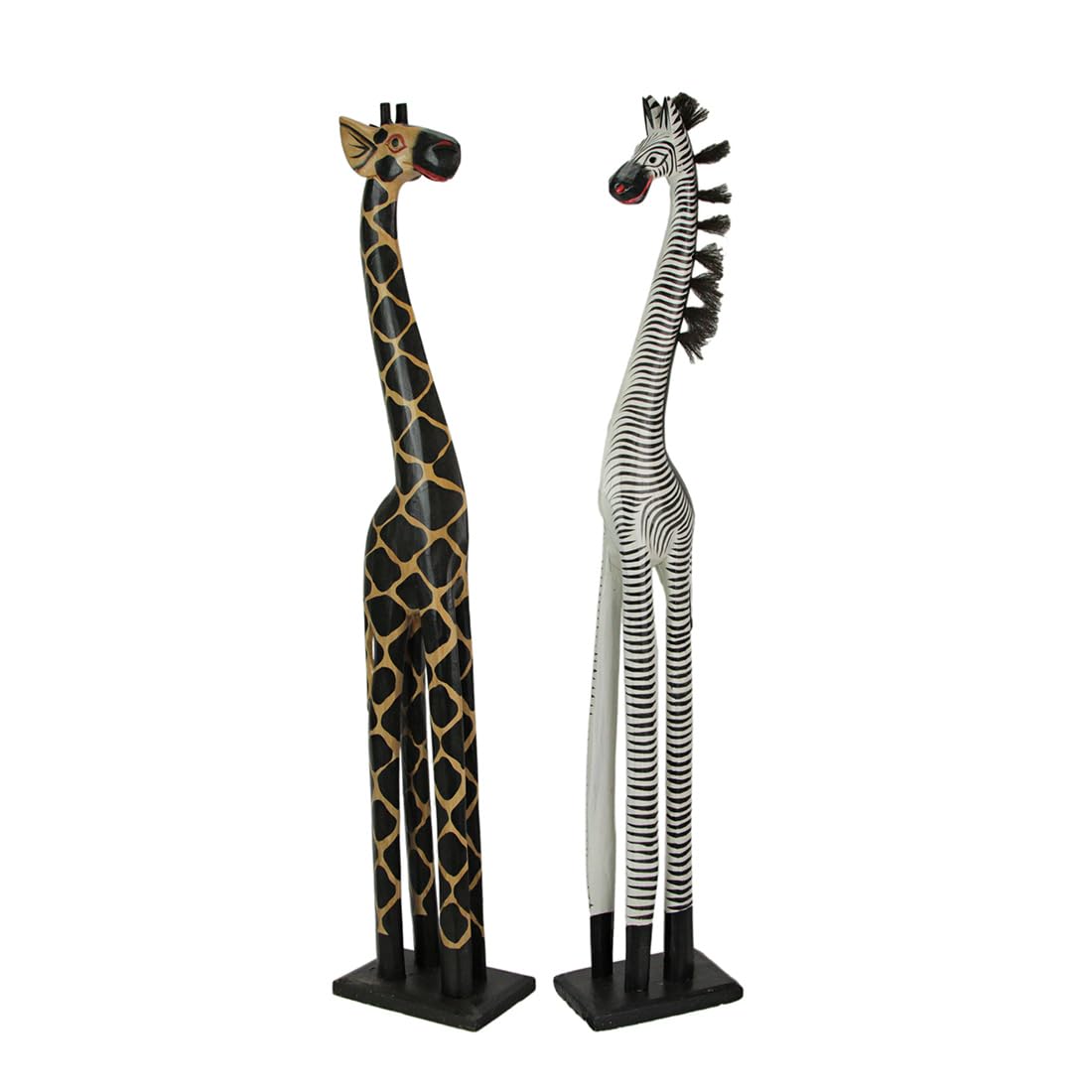 Conjunto de 2 estátuas de girafa e zebra esculpidas à mão e