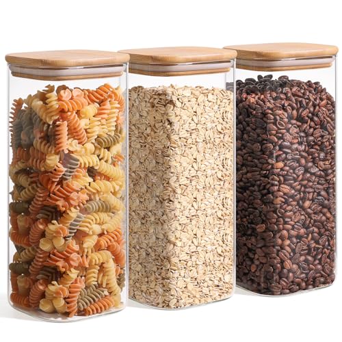 ComSaf 1.9 Qt Glass Storage Containers with Lids, Glass Jars with Lids, Clear Food Storage Jar, Square Canister Set of 3, Pantry Organizers and Storage for Flour Rice Pasta Tea Coffee Bean