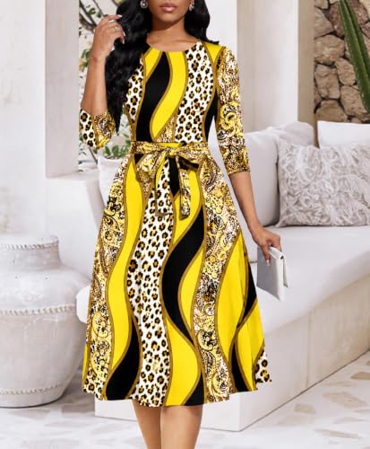 Image of Casual Dresses for Women Midi Church A-Line Fit and Flare Dress Crewneck 3 /4 Sleeve Party Dress