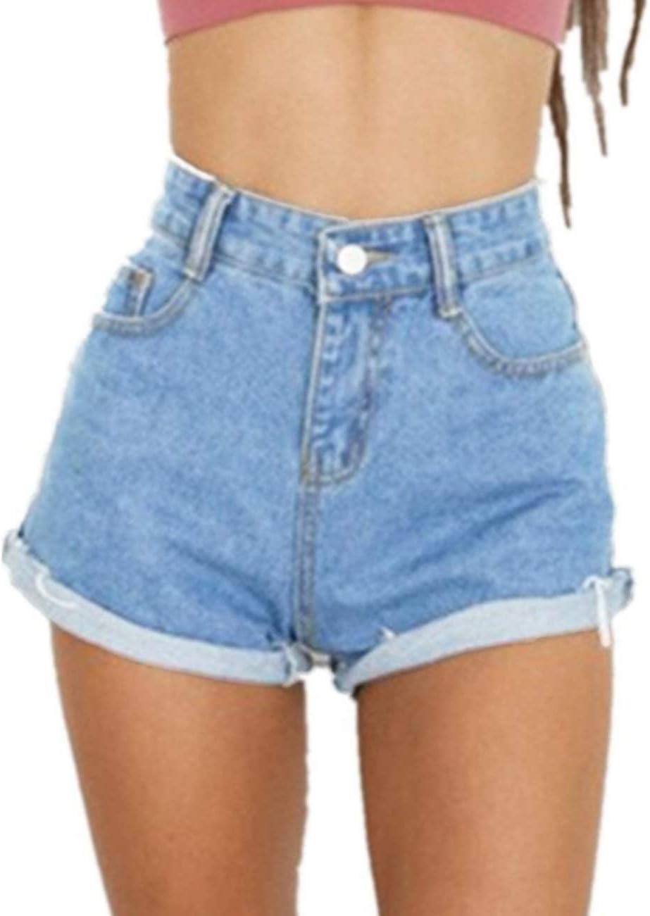 HaolaWomen's Juniors Vintage Summer Denim High Waisted Folded Hem Jeans Shorts