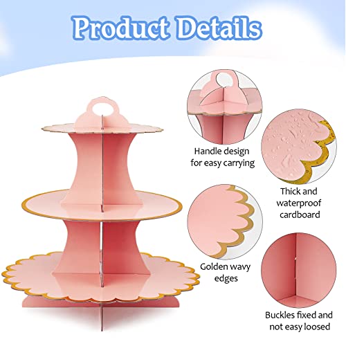 3 Pcs Cardboard Cupcake Stand 2 Set Of 3 Tier Cupcake Stand For 24 Cupcakes And 1 Large Cake Display Serving Tray Cupcake Tower Set For Wedding Baby Shower Birthday Party Decor, Pink #TOP2