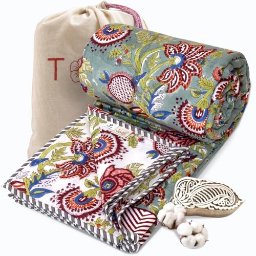 Image of TOAIArt Premium Jaipuri Dohar | AC Blanket Summer Quilt | Hand Block Printed | 3 Layers | Reversible | 150GSM 100% Mulmul Cotton | 100% Cotton Flannel Filling | Queen 90 inch X 108 inch|Rangeela Bagh