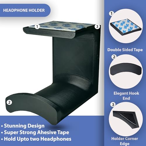 Image of Headphone Holder Stand, Self Adhesive Headphone Holder, Under Desk Hook, Double-Sided Adhesive Mount, Dual Headset Storage Hook, No Screws Black