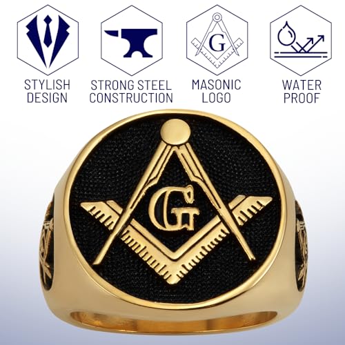 MasonicMan Mens Masonic Square and Compass Triple Sided Stainless Steel Ring Gift Pouch Gold Style4