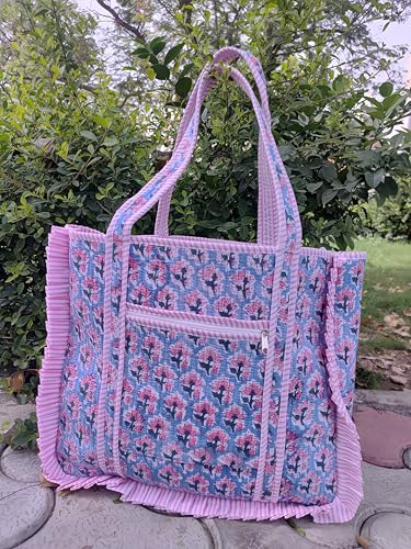 Large Size Indian Handmade Cotton Quilted Tote Bag Decorative Block Print Shoulder Bag Beautiful Women Travel Bag Vintage Floral Print Weekender Bags With Fringe3