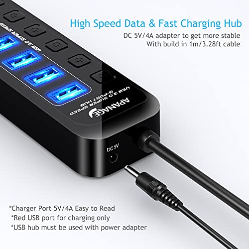 Apanage-Powered-USB-30-Hub-8-Port-USB-30-Hub-Splitter-with-7-USB-30-Data-Ports-and-1-Smart-Charging-Port-with-Individual-OnOff-and-5V4A-Power-Adapter-USB-Extension-for-MacBook-Mac-Pro