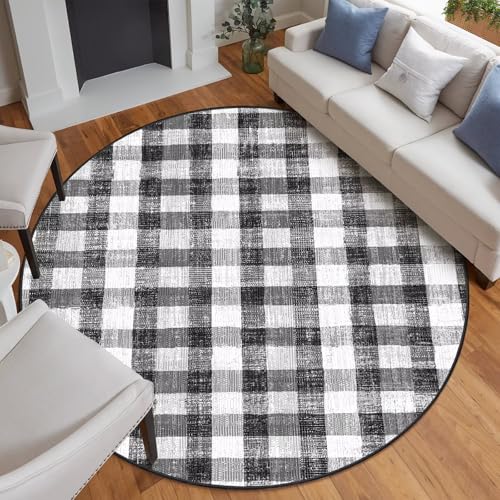 Image of Checkered Area Rug, 9 Ft, Round, Black and White | Washable, Non Slip, Modern Neutral, For Living Room Bedroom Office Patio Dining Room