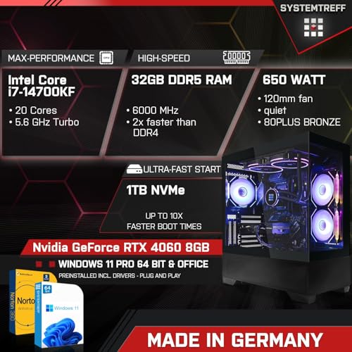 SYSTEMTREFF Gaming PC Intel Core i7-14700KF 20x5.6GHz | Nvidia GeForce RTX 4060 8GB DX12 | 1TB M.2 NVMe | 32GB DDR5 RAM | WLAN Desktop Computer Rechner für Gamer, Zocker & Streamer – Bild 3