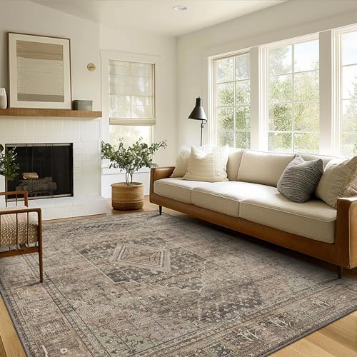 GENIMO 3x5 Vintage Area Rug, Machine Washable, Non Slip & Low Pile Lightweight for Living Room, Entryway, Bedroom, Kitchen, TAN