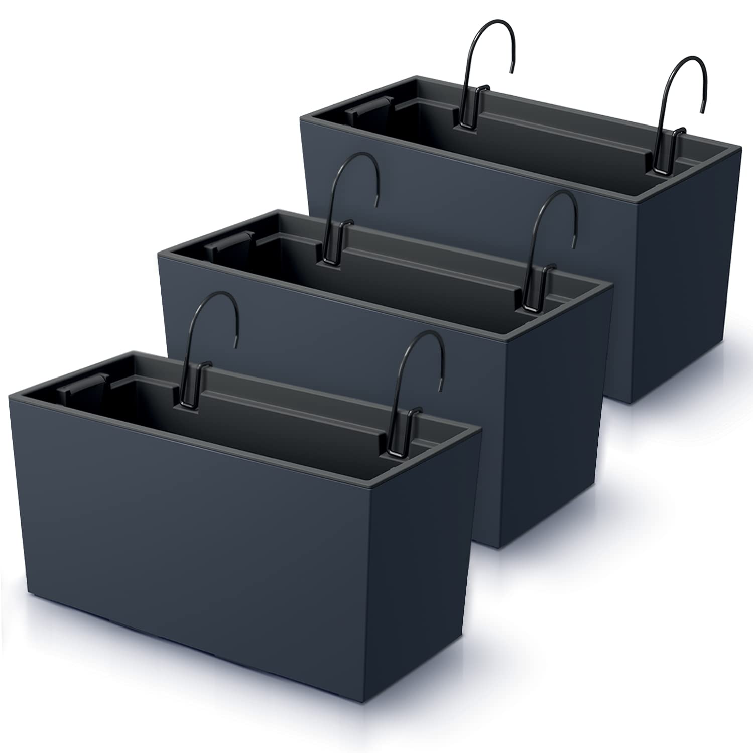 IMJ-Global Urbi - Juego de 3 macetas rectangulares para flores, plantas, de plástico, 39,5 x 18,5 x 19,5 cm, para interior y exterior, color negro, volumen 12 litros, diseño moderno