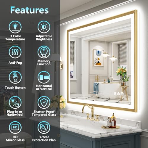 Image of 44x30 Gold Beveled LED Bathroom Mirror with Lights, Brushed Gold Framed Backlit and Front Lit Anti-Fog Lighted Vanity Mirrors for Bathroom Wall, Dimmable, 3 Colors, Memory, HD Tempered Glass