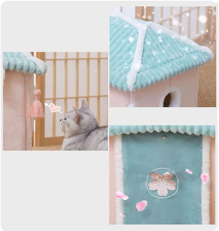 review Cute Cat House,Sakura Cat Sleeping Bag with Pillow,Cute Cat Bed Cave,Washable Cat Bed,Calming Dog Bed,Cozy Dog Tent (Pink House Blue Door)