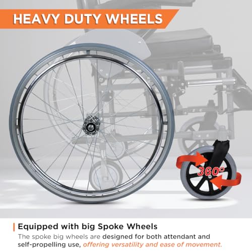 Image of Vissco Imperio Wheelchair with Removable Big Wheels (Spoke), Foldable, Swingable Armrest, Weight Bearing Capacity 110kg, Color (Blue /Grey)