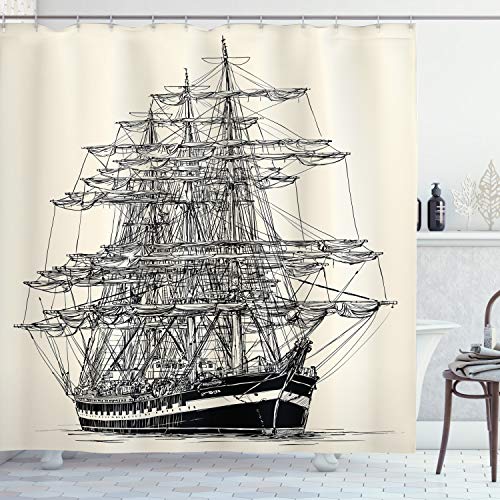 ABAKUHAUS Navire Pirate Rideau de Douche, Bateau à Voile Vintage, Tissu Ensemble de Décor de Salle de Bain avec Crochets, 175 cm x 220 cm, crème Noir