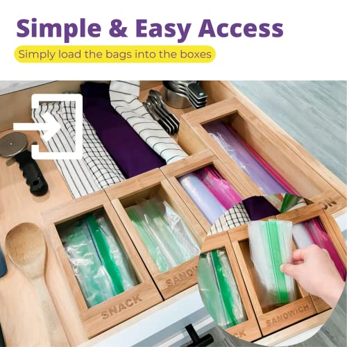 Purplewares Food Storage Bags Holders – Premium Bamboo Kitchen Drawer Plastic Bag Organizer Dispenser Home Organization Compatible With Gallon, Quart, Sandwich & Snack Variety Size Bags (4 Piece Set) #TOP4