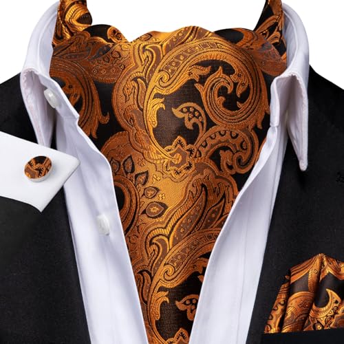 Image of Hi-Tie Silk Ascot for Men Self Tie Men's Cravat and Flower Lapel Pin Handkerchief Cufflinks Set for Wedding Party