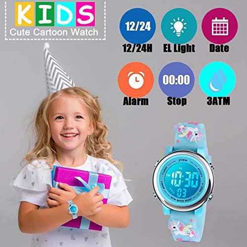 Kids Watch 3D Cartoon Toddler Wrist Digital Watch Waterproof 7 Color Lights with Alarm Stopwatch for 3-10 Year Boys Girls Little Child (Unicorn Blue)3