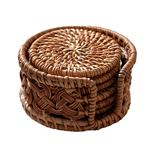 GUOfeudallord Rattan Coaster, Handmade Tea Cup Coaster, Kitchen Table Beverage Creative Gift Crafts Round Natural Coaster Coaster Set (3.15/3.94in)