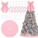 Suncalla 31 Pcs Pearl Christmas Tree Decorations Set with Pearl Beads Garland Pearls Bow Ornaments Pink Velvet Tree Topper Wreath Bows 47 inch Pink Christmas Trees Skirt for Coquette Xmas Party Decor