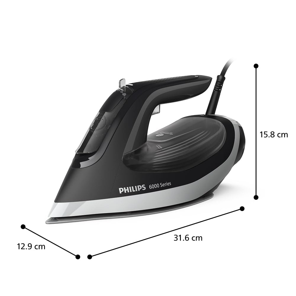 Philips Serie 6000 Ferro da Stiro a Vapore – OptimalTEMP anti-bruciatura, colpo di vapore 190 g, vapore continuo 45 g/min, piastra SteamGlide Plus, anti-goccia e spegnimento automatico (DST6120/80)