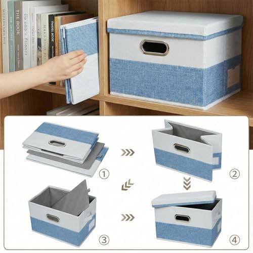 Image of PRANDOM Storage Bins with Lids [3-Pack] Linen Fabric Foldable Storage Boxes Organizer Containers Baskets Cube with Cover for Bedroom Closet Office Blue&White（11.4X8.6X6.7