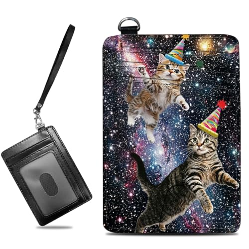 Image of Small Travel Wallets, Cats Galaxy Nebula Slim Minimalist Front Pocket Wallet with Wristlet, RFID Blocking PU Leather Credit Card Holder with ID Window Change Purse for Men Women