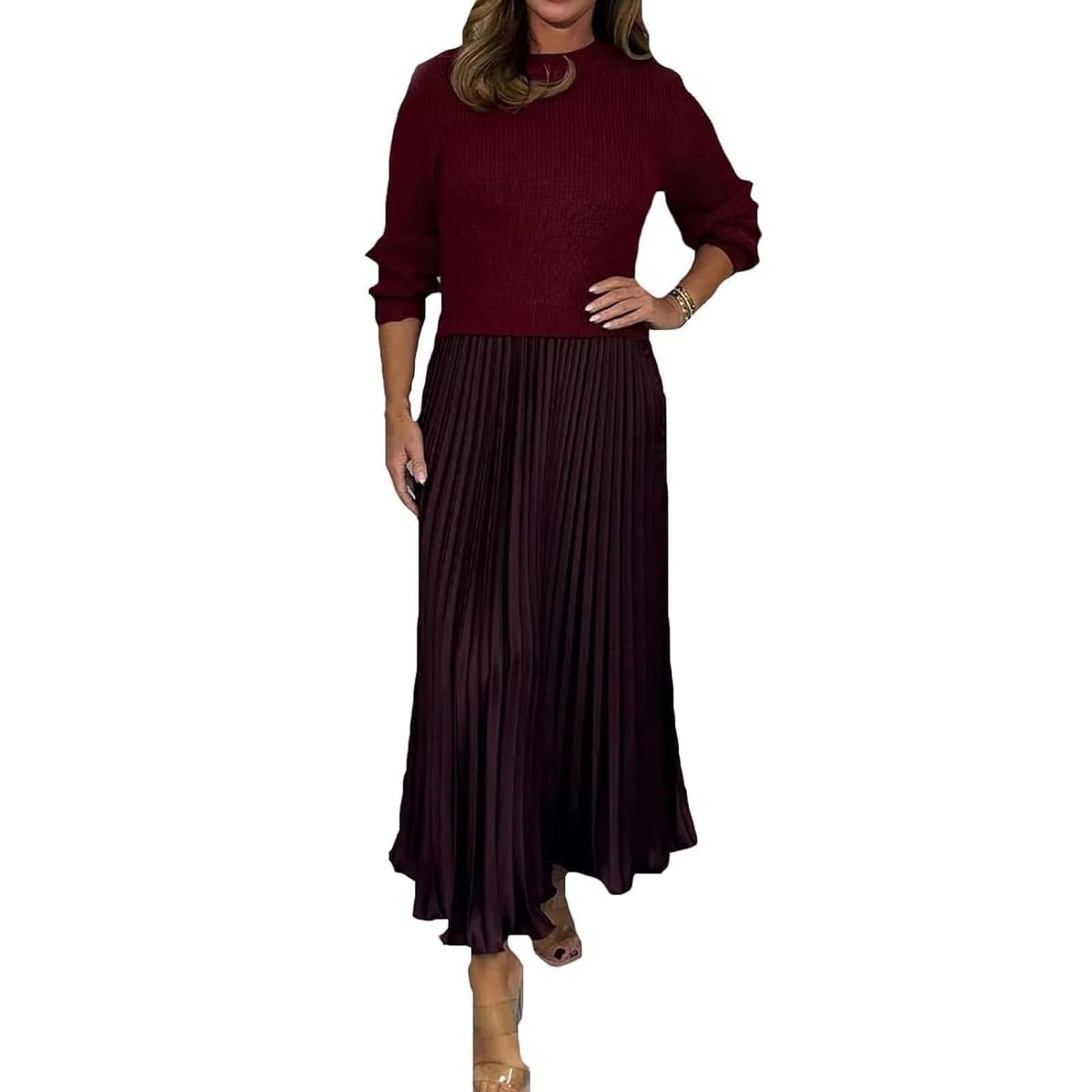 Womens Solid Color Long Sleeve Jumper Pleated Bottom Dress Fall Fashion Casual Round Neck Pullover Pleated Dress