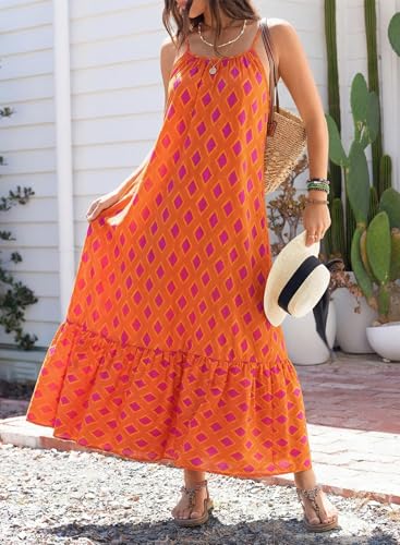 Image of Dokotoo Women Summer Dresses Scoop Neck Ruffle Flowy Boho Maxi Dress