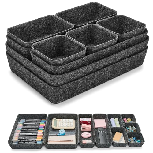 Eurhomewit 9 PCS Desk Drawer Organisers Set Felt Storage Trays & Office Drawer Organiser Inserts for Desk Makeup Jewellery Wardrobe - Dark Grey