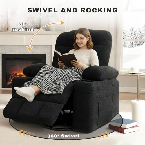 Image of Swivel Rocker Recliner Chair,Recliner Single Sofa with Cup Holders, Manual Nursery Rocking Chair with Side Pockets, Modern Upholstered Recliner for Living Room,Apartment,Home Theater(Black)
