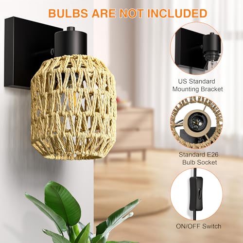 Image of CHICLUX Boho Rattan Plug in Wall Sconces, Farmhouse Wall Lamps Set of Two，Boho Rattan Sconces Wall Lighting Rustic with 330Adjustable Lampshade Suitable for Living Room, Hallway(Bulbs Not Included)