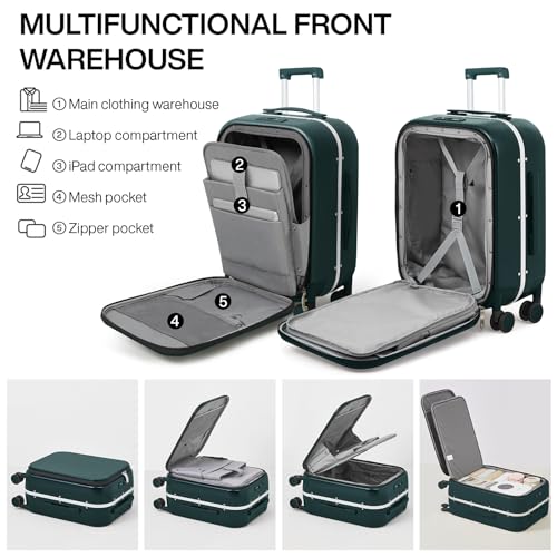 Image of mixi Luggage Suitcase with Spinner Wheels, Carry On Luggage with Laptop Pocket,18 /20 /24 Inch Travel Luggage Aluminum Frame PC Hardside with TSA Lock & Cover, Blackish Green, 20-inch