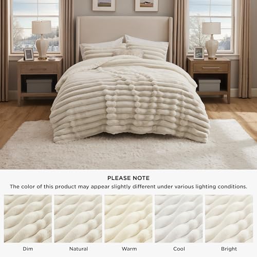 Image of Bedsure Faux Fur Queen Comforter Set - Beige Fluffy Comforter Queen Size, Soft and Cozy Shaggy Bedding Comforter Sets, Winter Warm Luxury Fuzzy Bed Set 3 Pieces, 1 Comforter and 2 Pillowcases