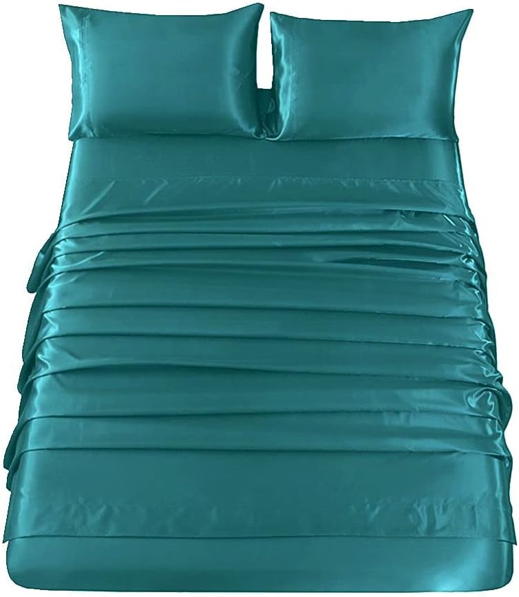 Sfoothome 4-Piece Queen Size Satin Sheet Set - Teal, Fitted Sheet, Flat Sheet, 2 Pillowcases