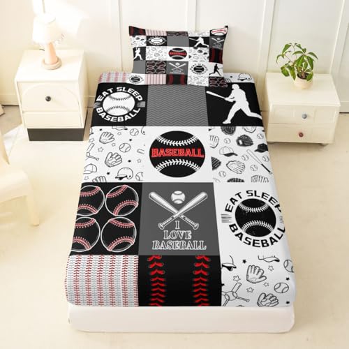 Image of Castle Fairy Baseball Bed Sheet Set for Kids,Sports Geometric Grid Red Grey Sheets Set,Patchwork Baseball Home Decor Sheet Sets with Deep Pocket,Top Flat Sheet,Twin Size