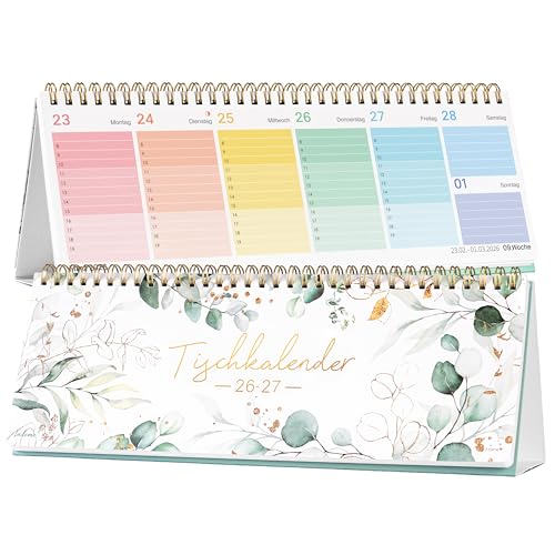 Tischkalender 2026 2027 - Wochenkalender 2026 2027 von März 2026 bis August 2027 1 Woche 2 Seiten Kann flach stehen oder liegen 29 5 x 10 5 cm Grün
