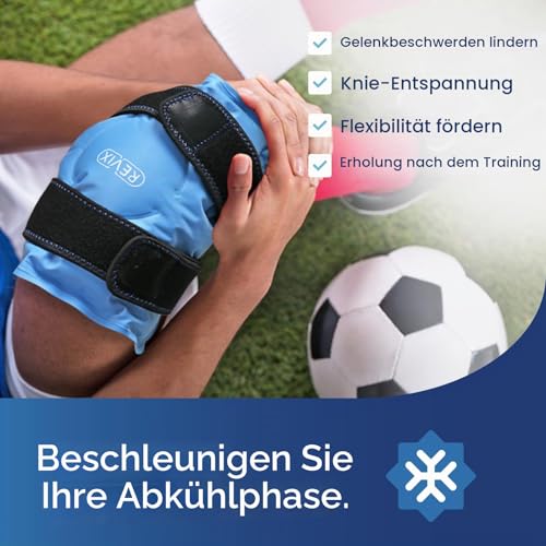 REVIX Knie Kühlmanschette mit Gel-Kühlpad – Kühlpack für Knie nach Sportaktivitäten, Alltagbeanspruchung, postoperative Pflege, wiederverwendbarer Knie-Eisbeutel & Kühlpad, Farbe Blau