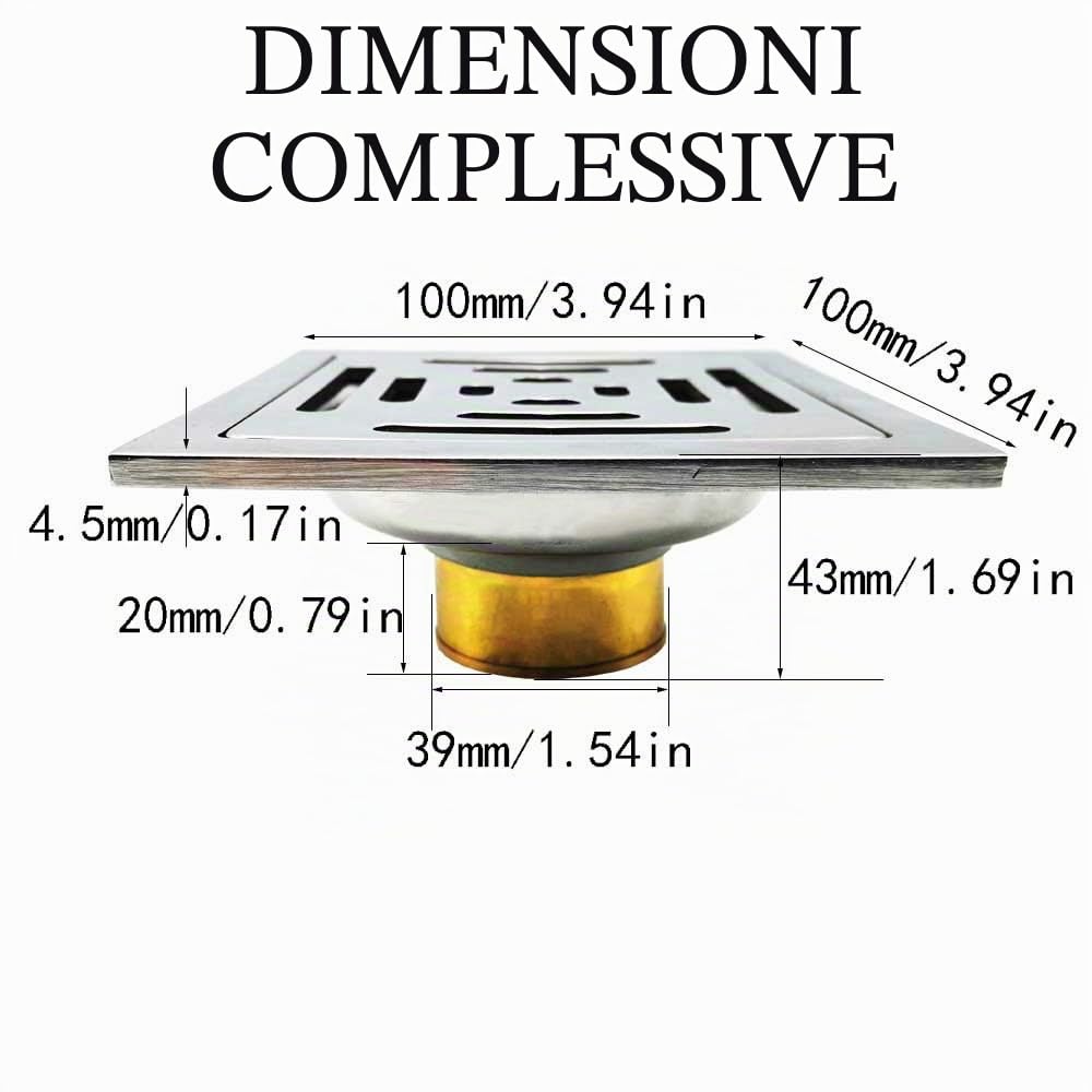 Scarico per doccia quadrato sifone per pavimento antiodore, in acciaio inox scarico del pavimento con filtro per bagno, giardino, 100 mm x 100 mm