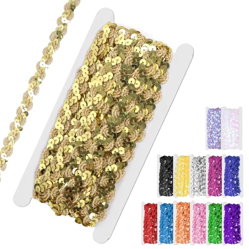 Mardatt 1 Roll 11 Yard Golden Sequins Beaded Lace Trim, 0.6in Width Glitter Woven Braided Lace Sequin Braid Trim Paillette Ribbon Sequins Strip for Crafts Sewing Home Decor