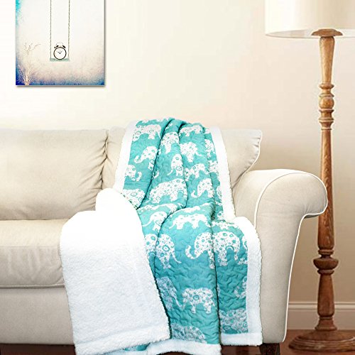 Lush Decor Elephant Parade Fuzzy Reversible Sherpa Throw Blanket, 60” x 50”, White and Aqua