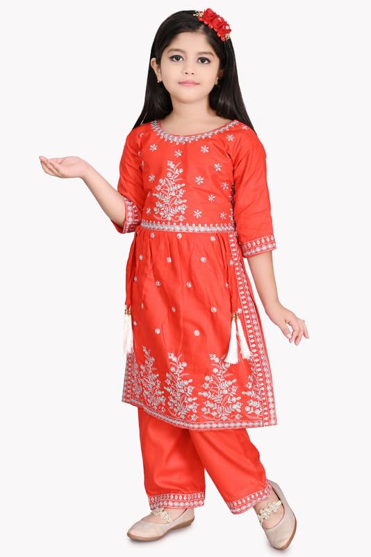 Image of Girls Ethnic Cotton Kurta and Straight Pant Set with Silky Dupatta