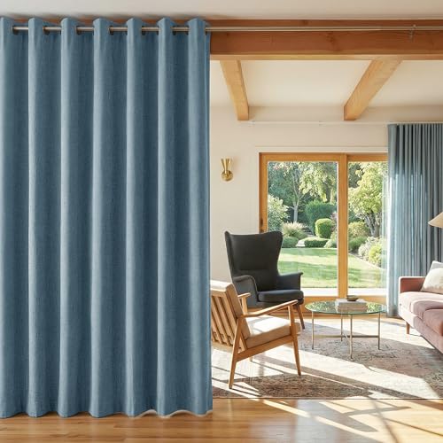 Image of NICETOWN 100% Blackout Linen Sliding Door Curtains with White Liner Composite, Grommet Extra Wide Window Treatments Room Divider Drapes for Bedroom /Living Room, Stone Blue, W100 x L84, 1 Panel