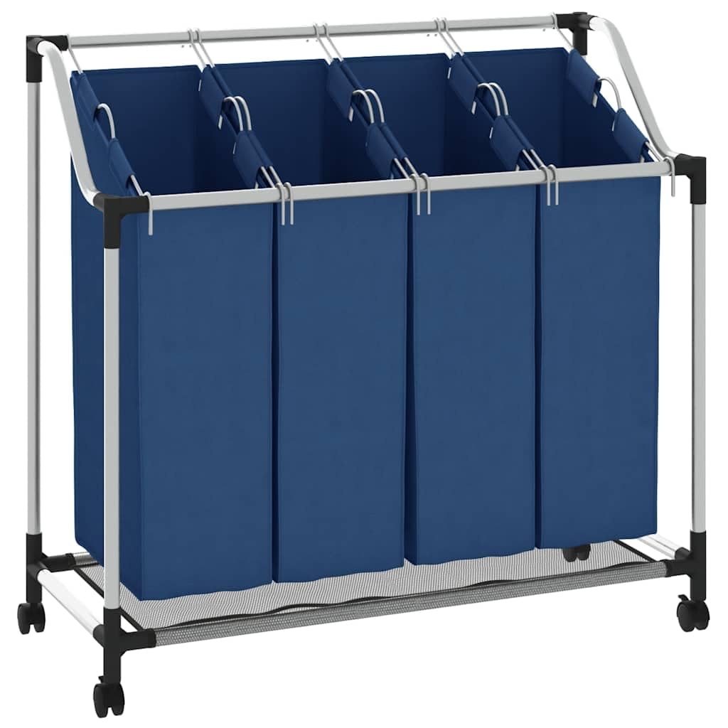 Wäschesortierer mit 4 Taschen Blau, Wäschekorb mit Rollen Stahl, Wäschesammler mit Griffen, Wäschesortierwagen 4 Fächer