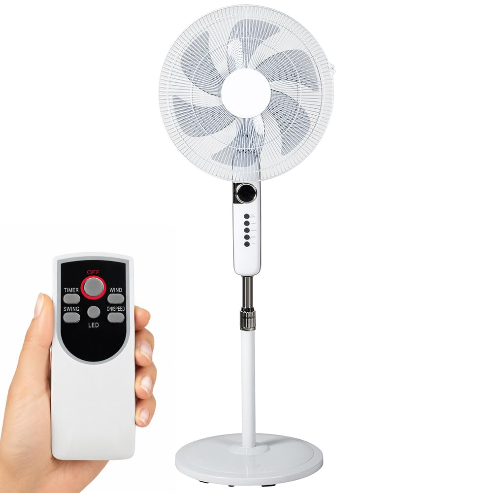 BAKAJI Standventilator mit Fernbedienung, kippsicherer Basis, Höhe verstellbar mit Durchmesser 45 cm, Leistung 65 W, 3 wählbare Geschwindigkeitsstufen, oszillierend und unabhängig, 6 Flügel