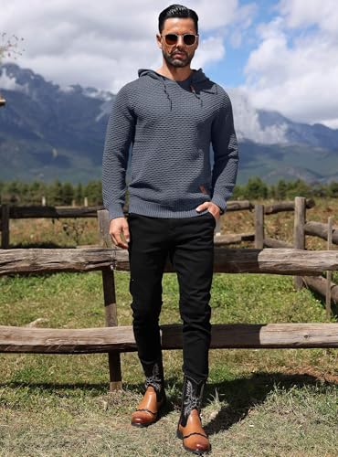 HYPESTFIT Men's Form Fitting Knit Pullover Sweater Hoodie Drawstring Hooded Sweatshirt4