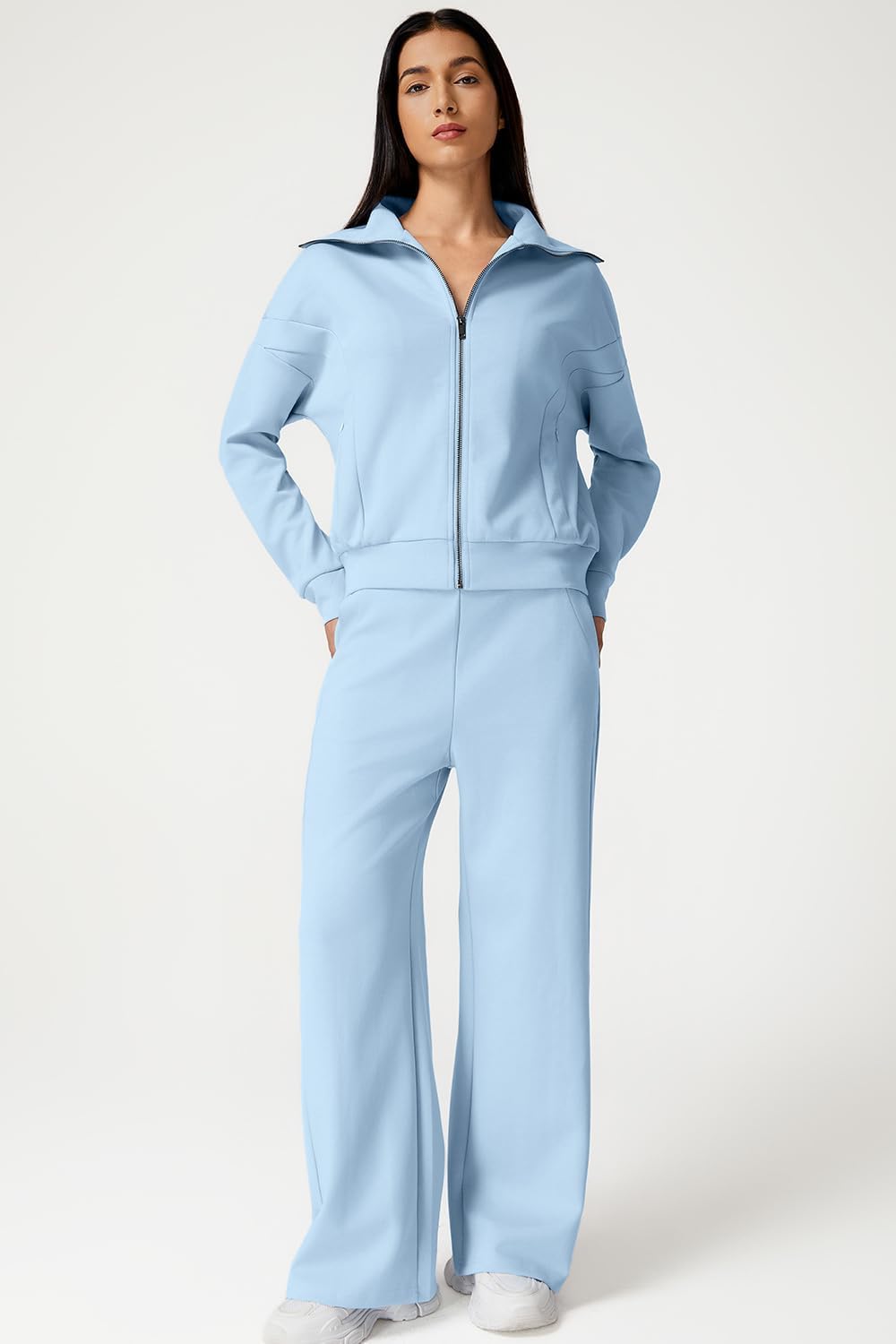 QINSEN Women's Cotton 2 Piece Outfits Lapel Long Sleeve Zip Up Sweatshirt Wide Leg Pants Matching Tracksuit Sets - Image 3