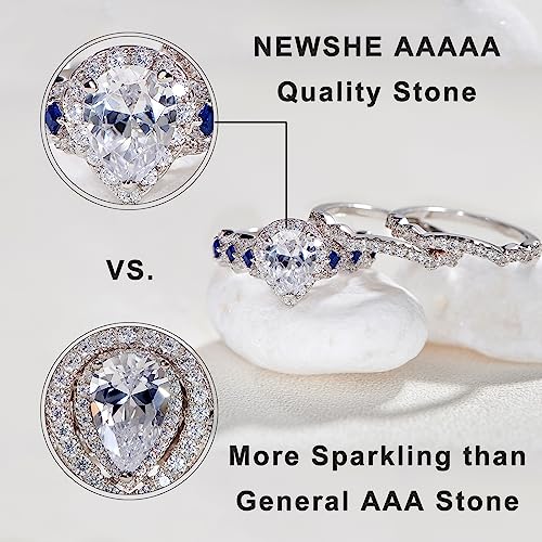 Newshe Jewellery Engagement Wedding Ring Set AAAAA Cz Rings for Women 925 Sterling Silver 3pcs 2.5ct Pear Shape White Blue Size2