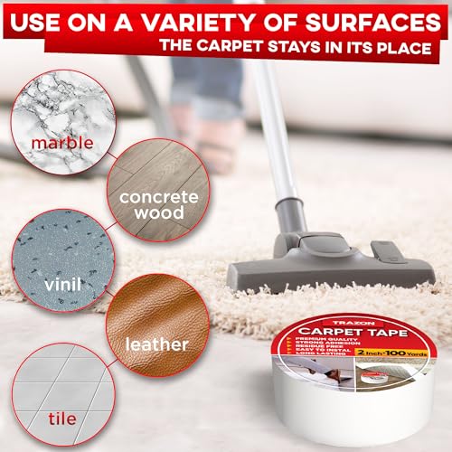 Image of Carpet Tape Double Sided - Rug Tape Grippers for Hardwood Floors and Area Rugs - Carpet Binding Tape Strong Adhesive and Removable, Heavy Duty Stickers Grip Tape, Residue Free (2 Inch / 100 Yards)