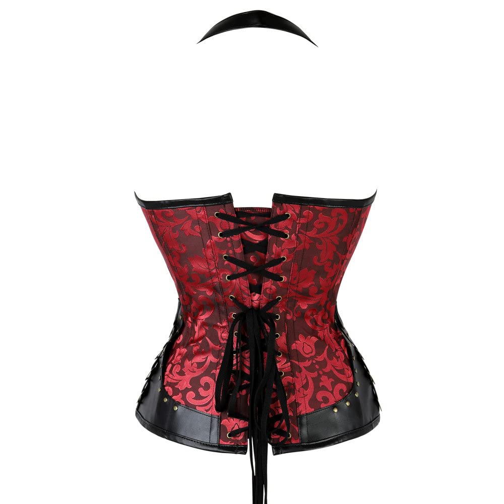 Corsetto,Donne Scollo All'Americana Corsetto Retrò Top Jacquard Cuciture Gotiche In Pelle Indietro Lacci Corsetto Steampunk Overbust Bustier Body Shaper Lingerie Cosplay Corsetto Disossato,Rosso,Xx
