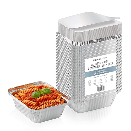 Natural Cuisine Pack of 50 Aluminium Foil Containers No.2 with Foil-Backed Lids 410ml Capacity Disposable/Reusable Food Trays Oven & Freezer Safe Ideal for Meal Prep & Takeaway